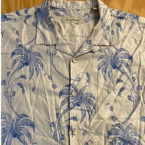 VTG Tommy Bahama Men’s XL Silk Hawaiian Palm Tree Camp Button Shirt Blue Beige